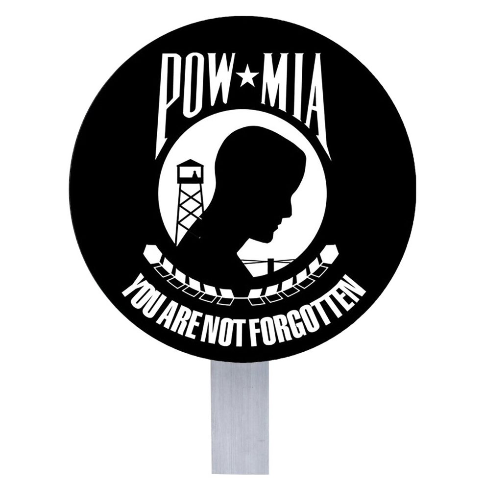 POW*MIA symbol grave marker with silhouette of a prison guard and text 'You Are Not Forgotten' on a white background.