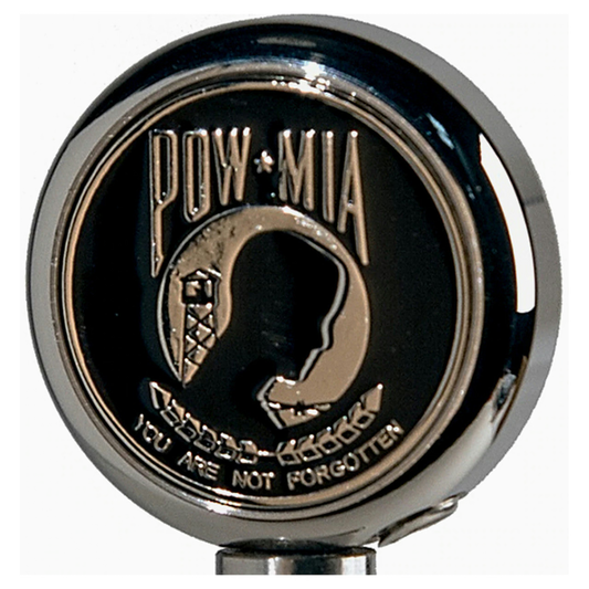 POW*MIA emblem with silhouette and text on a black background motorcycle flag topper