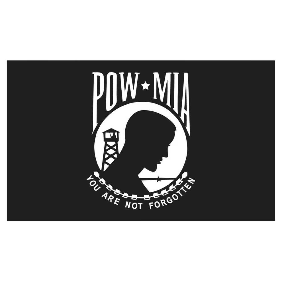 POW MIA flag with silhouette of a prison tower and chain, featuring text 'You Are Not Forgotten' on a black background.