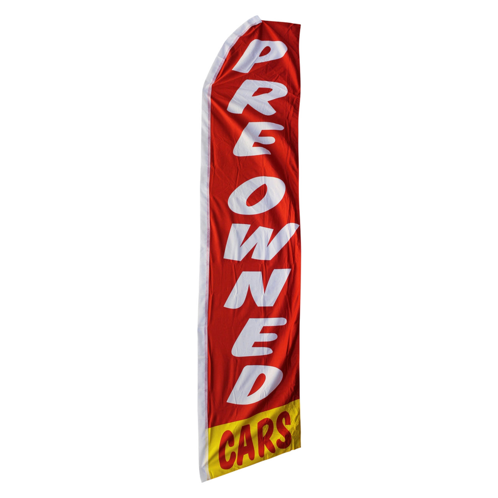 Red feather flag with 'Preowned Cars' text on a white background