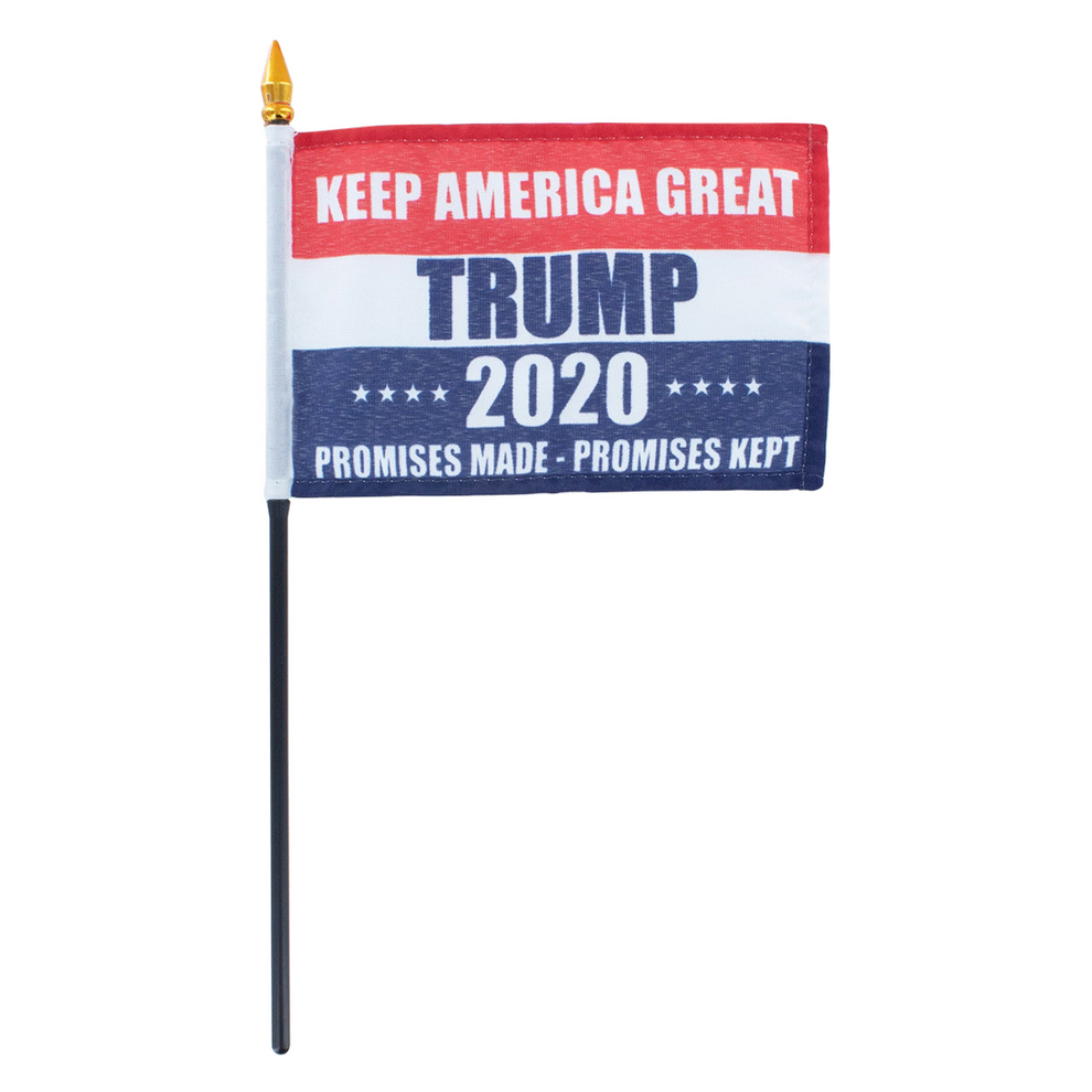 Small flag with 'Keep America Great Trump 2020' text on a white background