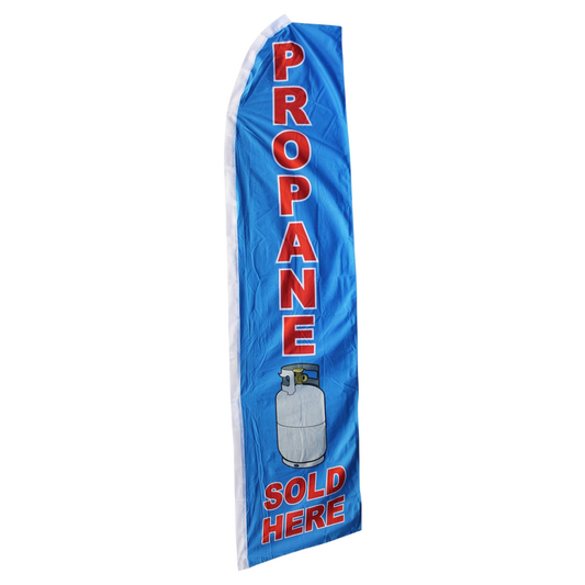 Blue feather flag with 'Propane Sold Here' text and a propane tank graphic on a white background