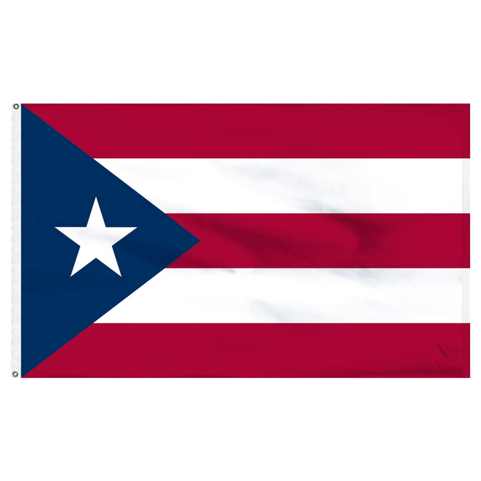 Puerto Rican flag with a blue triangle, white star, and red and white horizontal stripes on a white background