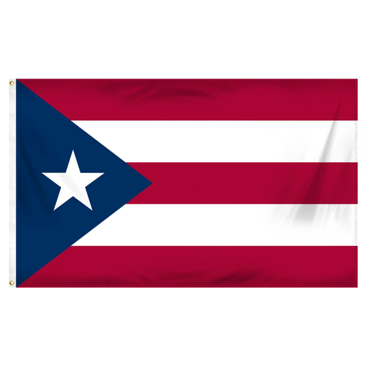 Flag of Puerto Rico with a blue triangle, white star, and red and white horizontal stripes on a white background