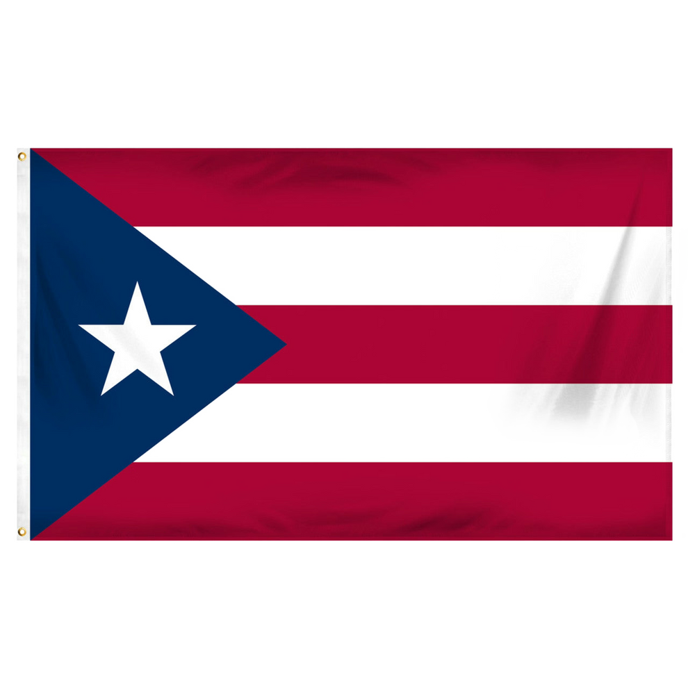 Flag of Puerto Rico with a blue triangle, white star, and red and white horizontal stripes on a white background