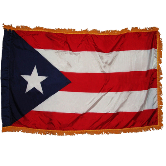 Puerto Rican flag with a blue triangle, white star, and red and white horizontal stripes with yellow fringe edges on a white background