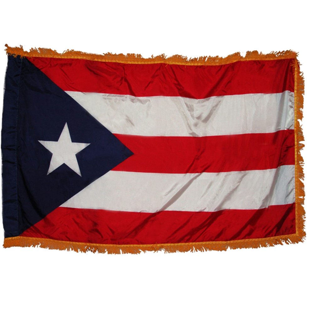 Puerto Rican flag with a blue triangle, white star, and red and white horizontal stripes with yellow fringe edges on a white background