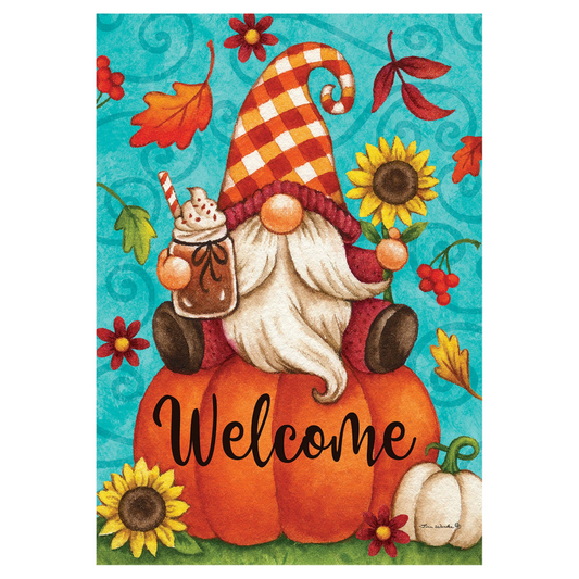 Decorative flag with a gnome on a pumpkin, sunflowers, and the word 'Welcome' against a blue background.