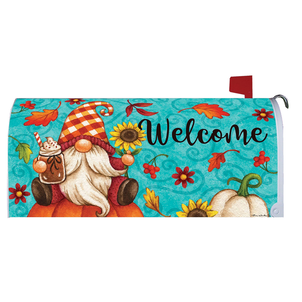 Decorative mailbox cover with a gnome, pumpkins, and 'Welcome' text on a blue background.