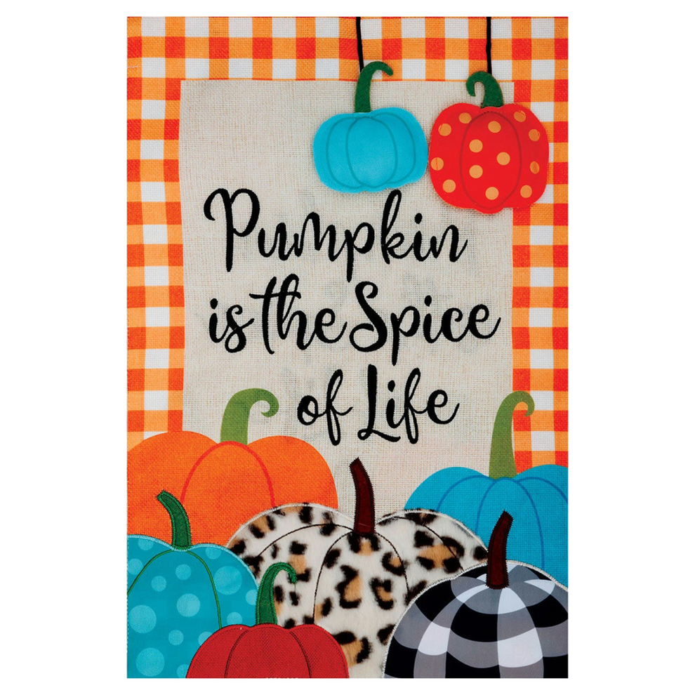 Decorative sign with colorful pumpkins and text on a checkered background