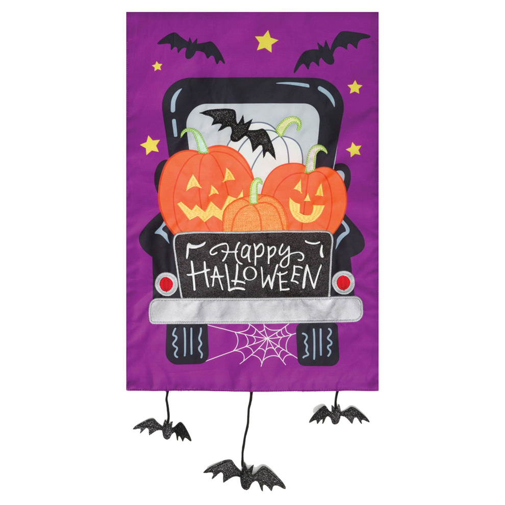Halloween-themed decorative flag with pumpkins, bats, and 'Happy Halloween' text on a purple background.