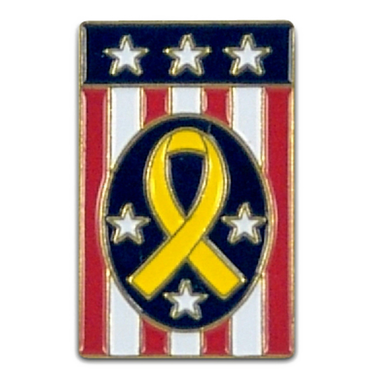 Pin with yellow ribbon and stars on a blue, red, and white striped background