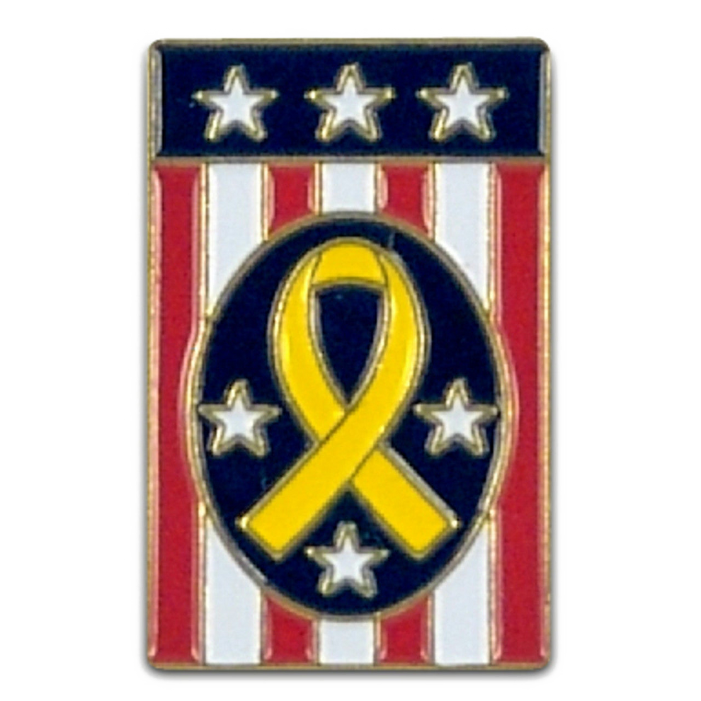 Pin with yellow ribbon and stars on a blue, red, and white striped background
