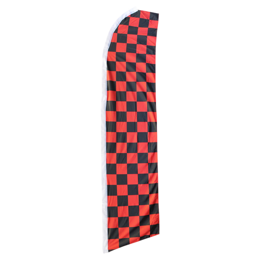Red and black checkered swooper flag on a white background