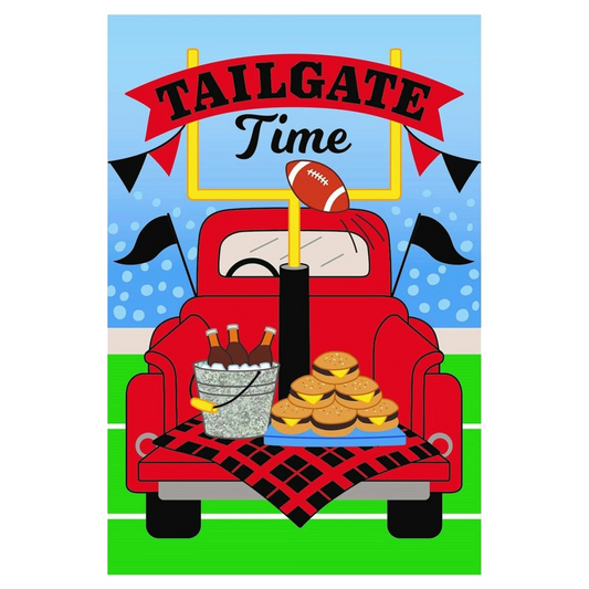 Decorative flag Illustration of a red truck with food on a tailgate theme, featuring a football field background.