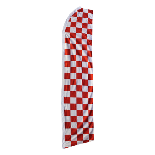 Red and white checkered feather flag on a white background