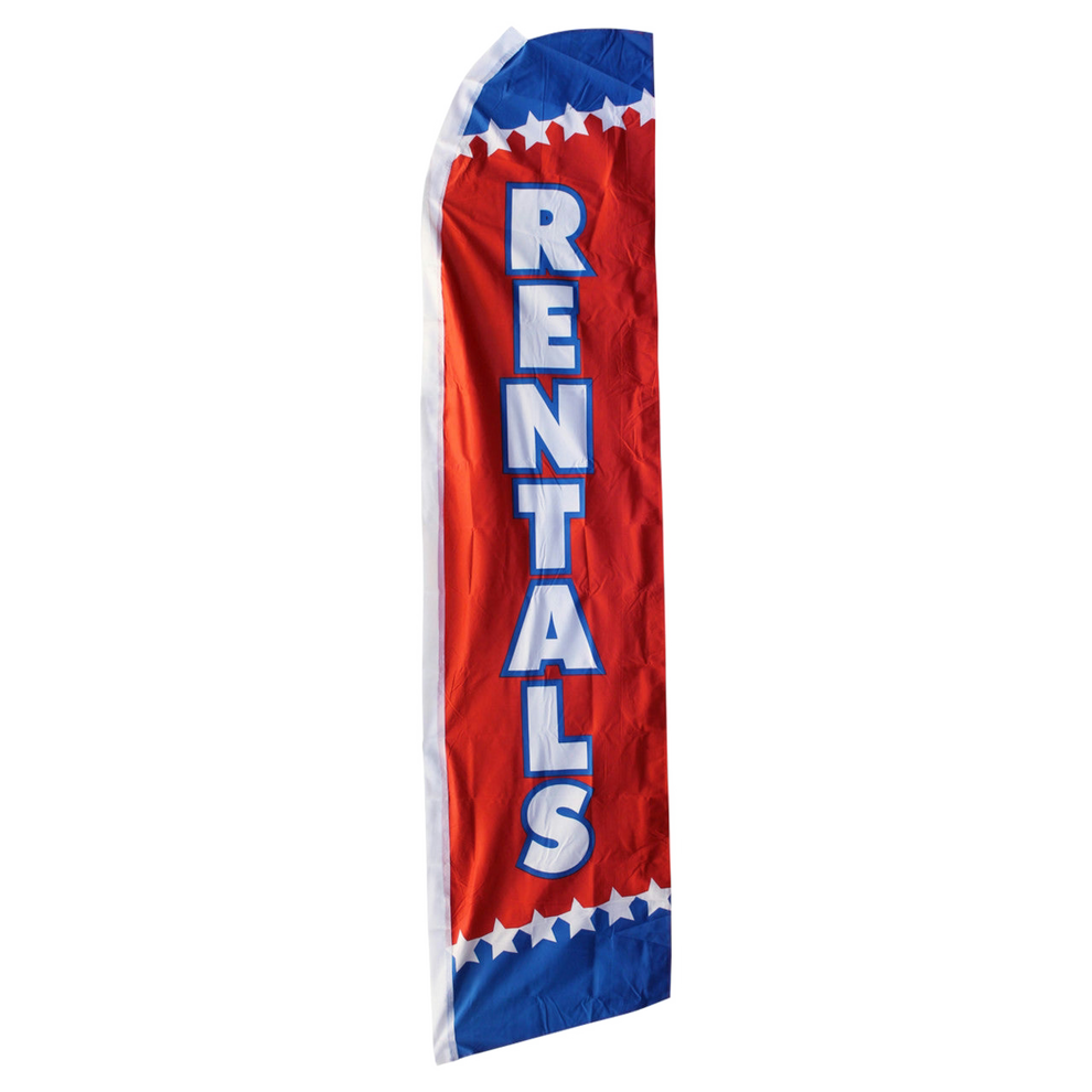 Red and blue feather flag with 'Rentals' text on a white background