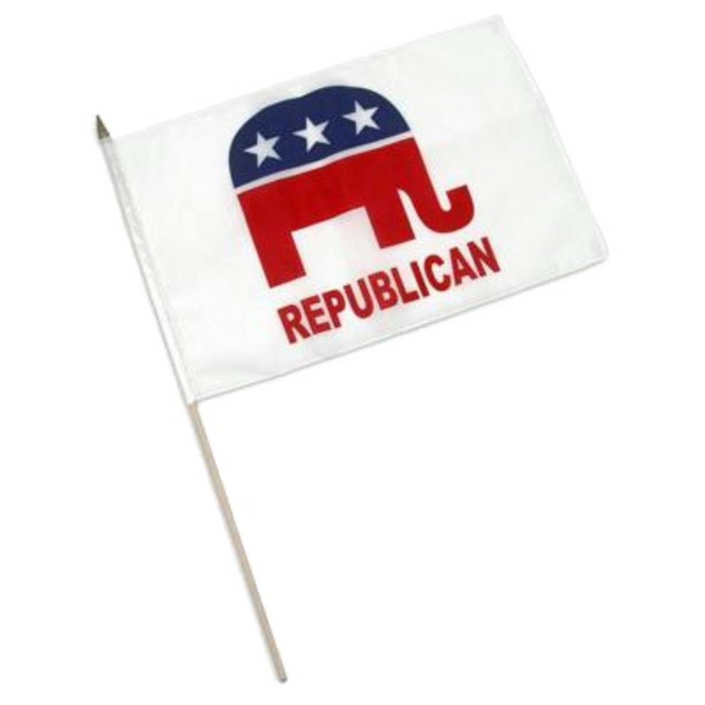 Republican party flag with elephant logo and 'REPUBLICAN' text on a white background