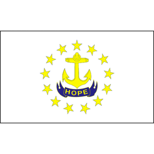 Rhode Island state flag with yellow anchor and stars with blue ribbon with the word 'HOPE' in yellow