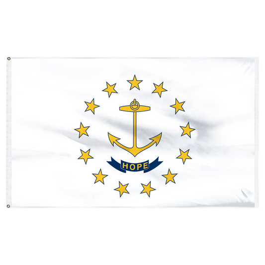 Rhode Island state flag with yellow anchor and stars with blue ribbon with the word 'HOPE' in yellow