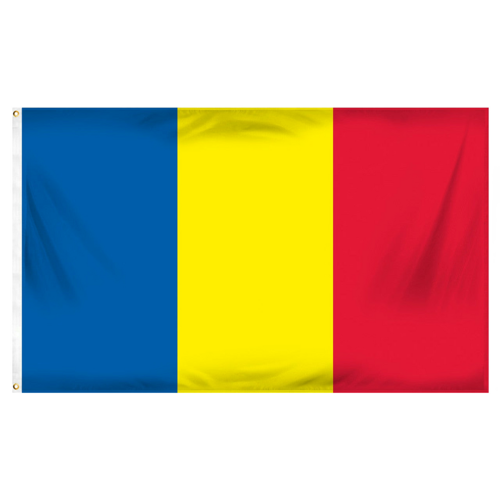 Flag of Romania with blue, yellow, and red horizontal stripes on a white background