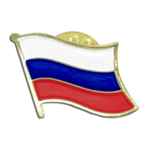 Russian Federation flag pin with white, blue, and red colors on a gold background