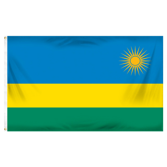 Rwanda flag with blue, yellow, and green horizontal stripes and a sun emblem on a white background