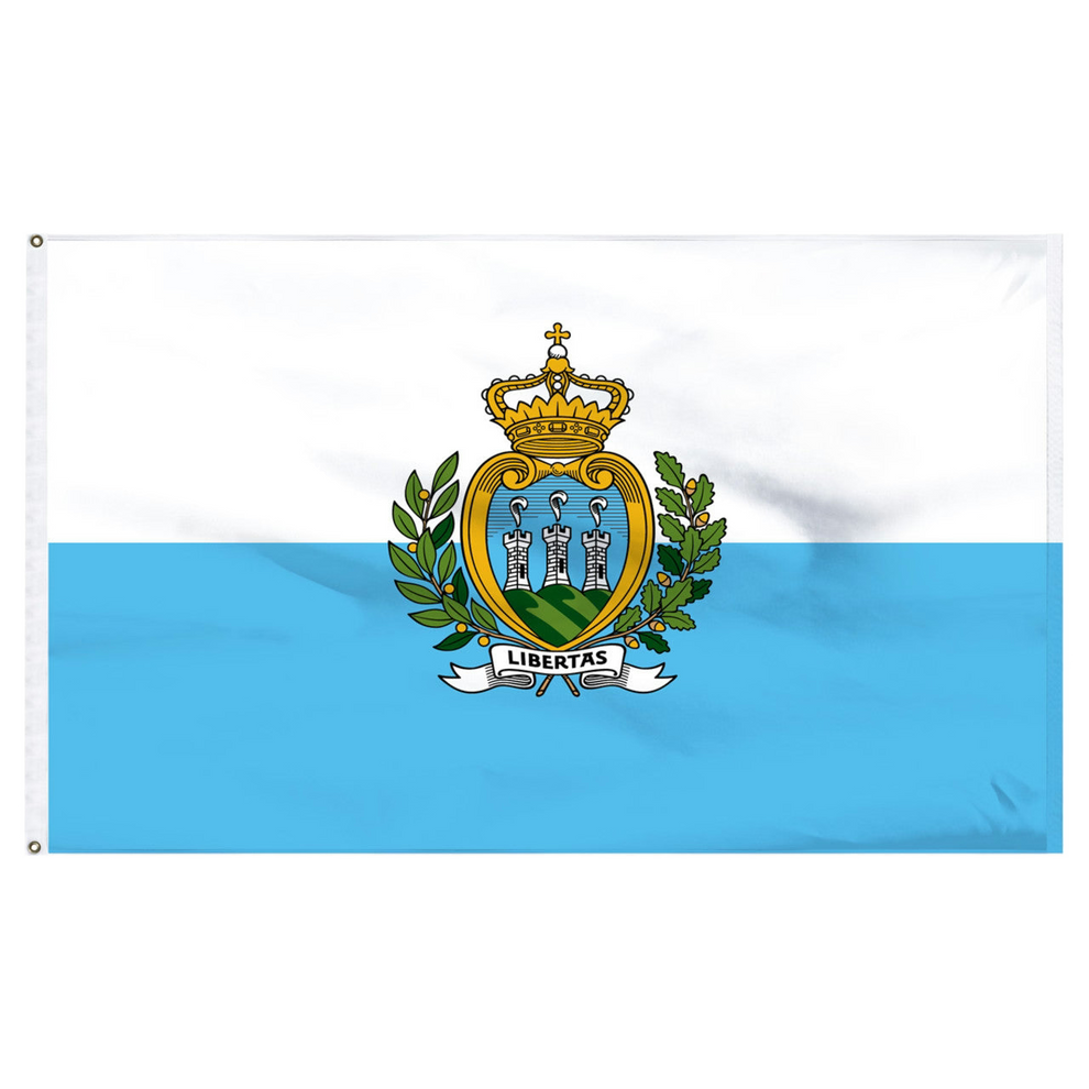 San Marino flag with a coat of arms and 'Libertas' text on a white and blue background