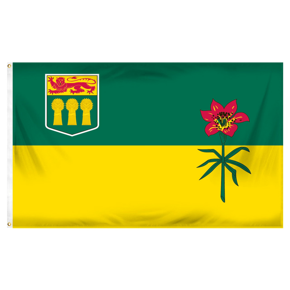 Saskatchewan flag with green and yellow horizontal stripes featuring a floral design on a white background