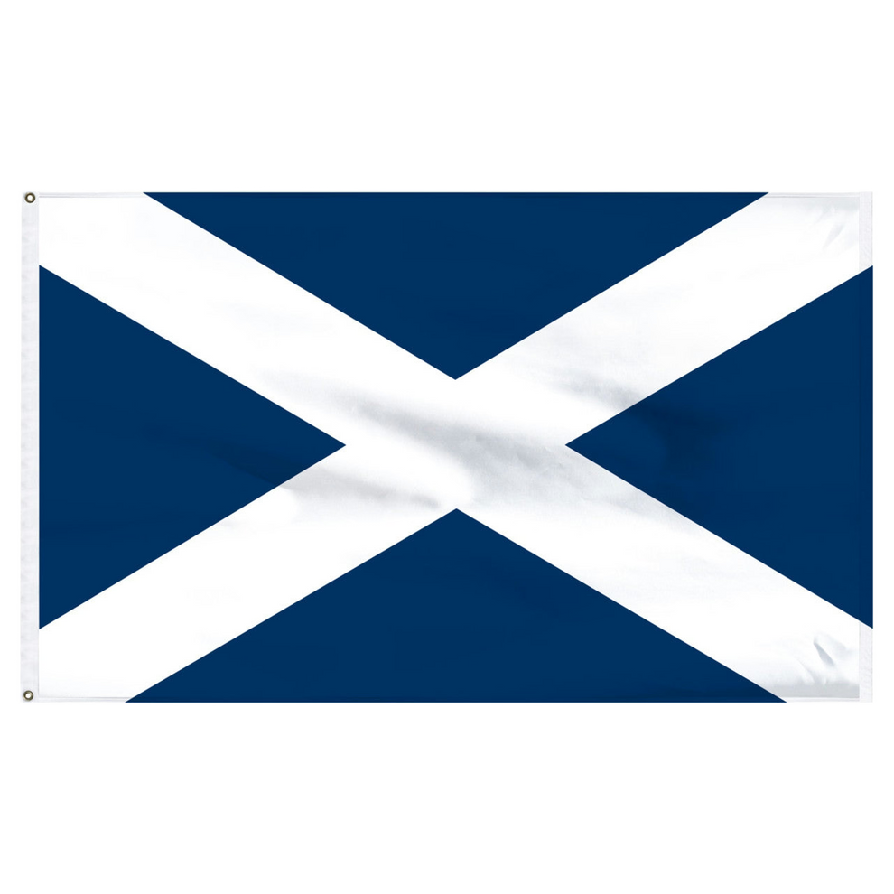 Flag of Scotland with two horizontal diagonal lines forming white cross known as St. Andrew's cross on a blue background