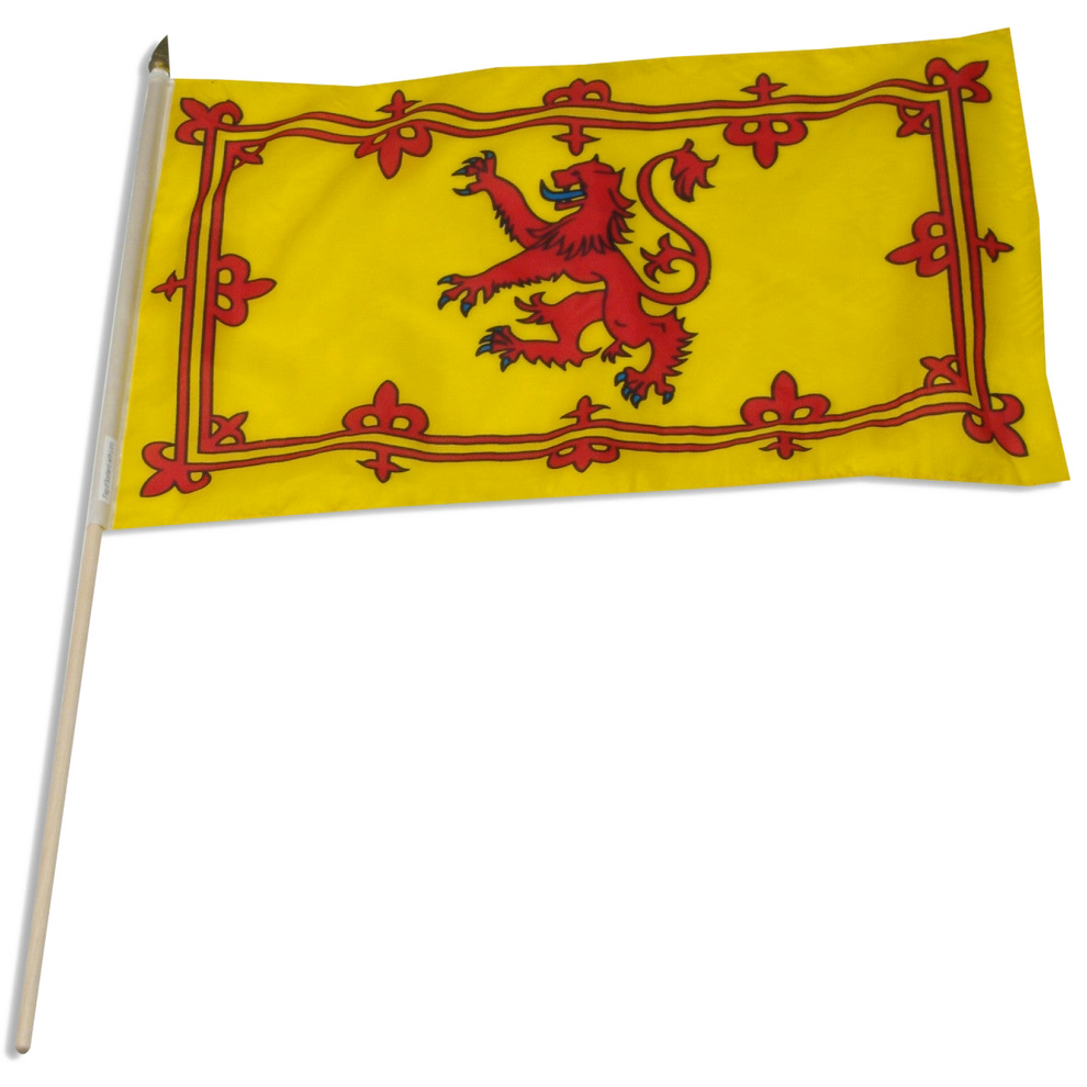 Scottish yellow flag with red lion emblem on a white background