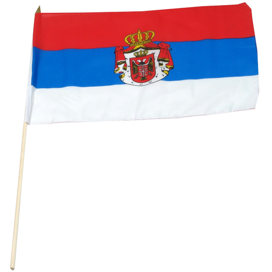 Flag of Serbia with red, blue, and white horizontal stripes and a coat of arms.
