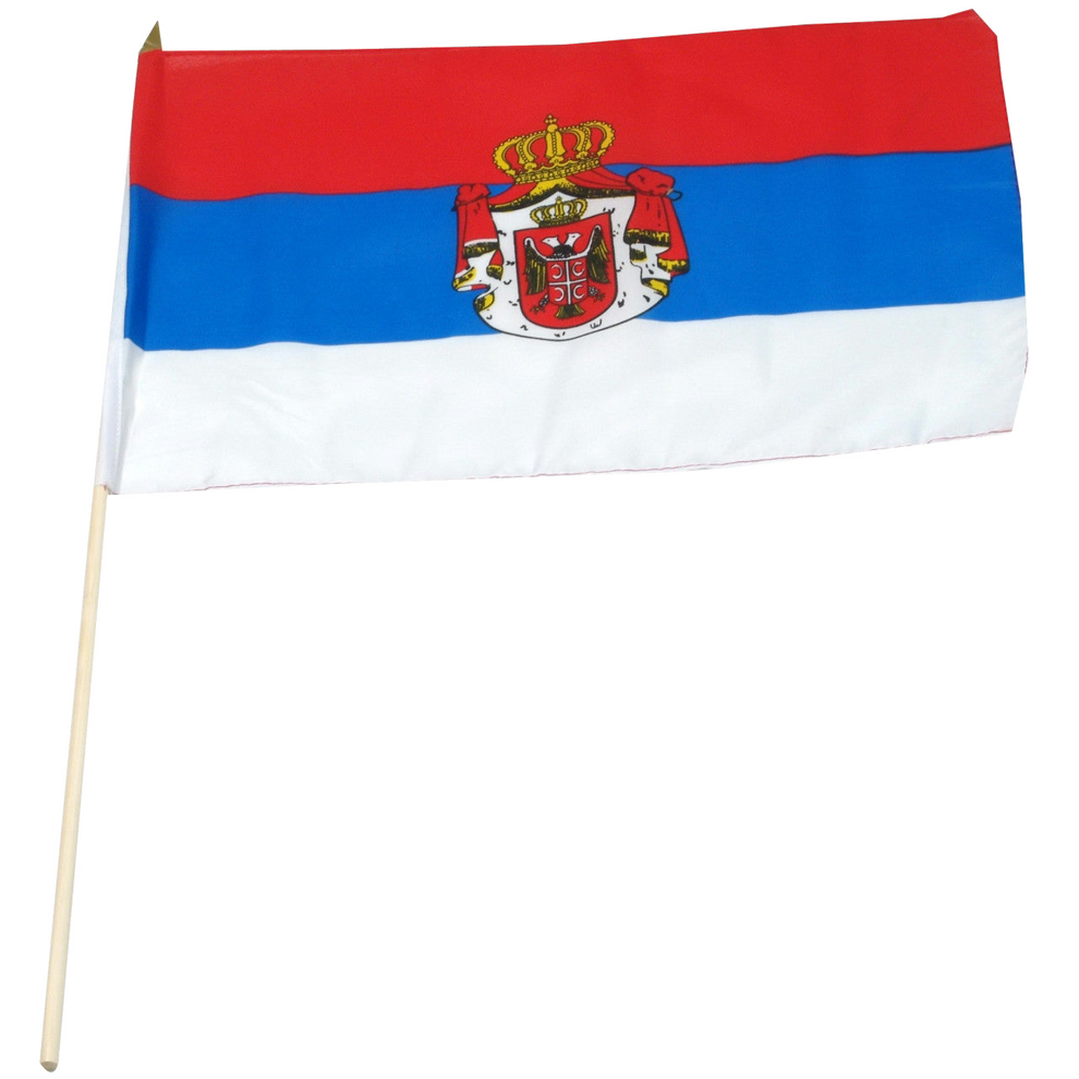 Flag of Serbia with red, blue, and white horizontal stripes and a coat of arms.