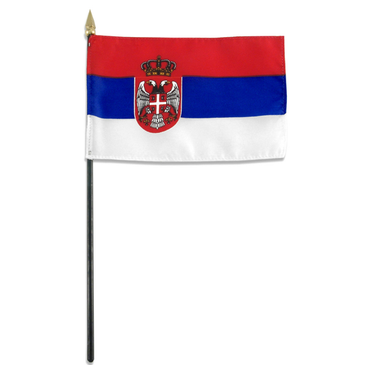 Serbian stick flag with red, blue, and white horizontal stripes featuring a coat of arms on a white background