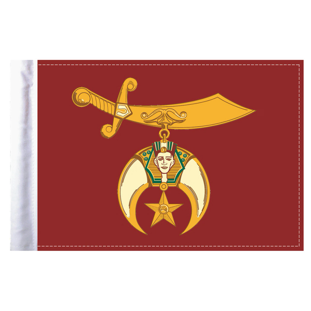 Shriners motorcycle flag with a gold emblem featuring a sword and star on a red background