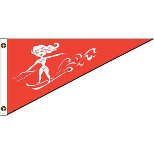 Red triangular pennant flag featuring a white stylized graphic of a female water skier.
