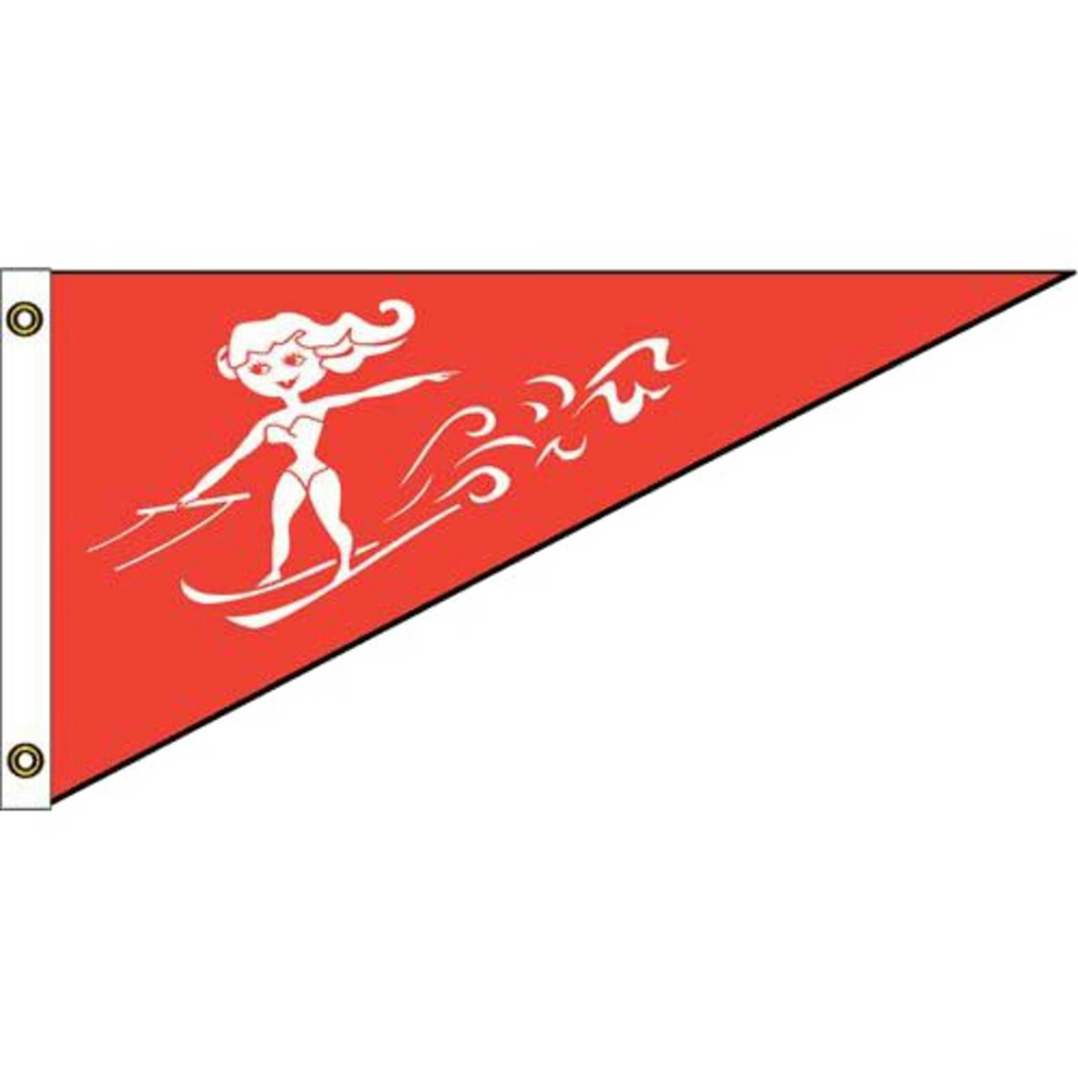 Red triangular pennant flag featuring a white stylized graphic of a female water skier.