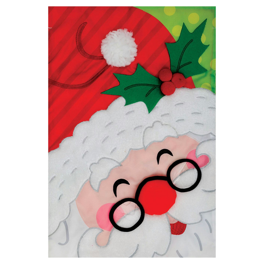 Decorative garden flag featuring cartoon Santa Claus face with a red hat and holly leaf on a colorful background