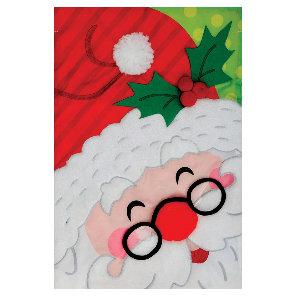 Decorative garden flag featuring cartoon Santa Claus face with a red hat and holly leaf on a colorful background