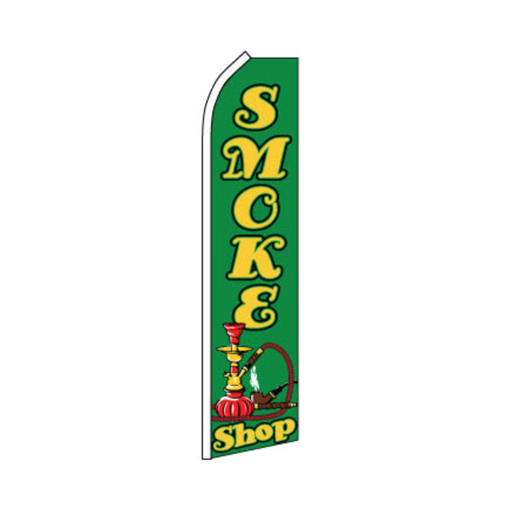 A green swooper flag with the text 'SMOKE Shop' displayed along with an icon of a hookah. The flag is designed for business advertising.