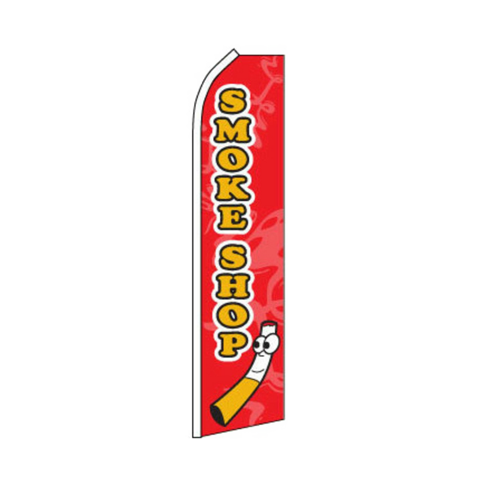 A vertical swooper flag with a red background and the text 'SMOKE SHOP' in white. There is a graphic of a hand holding a cigarette in yellow at the bottom.
