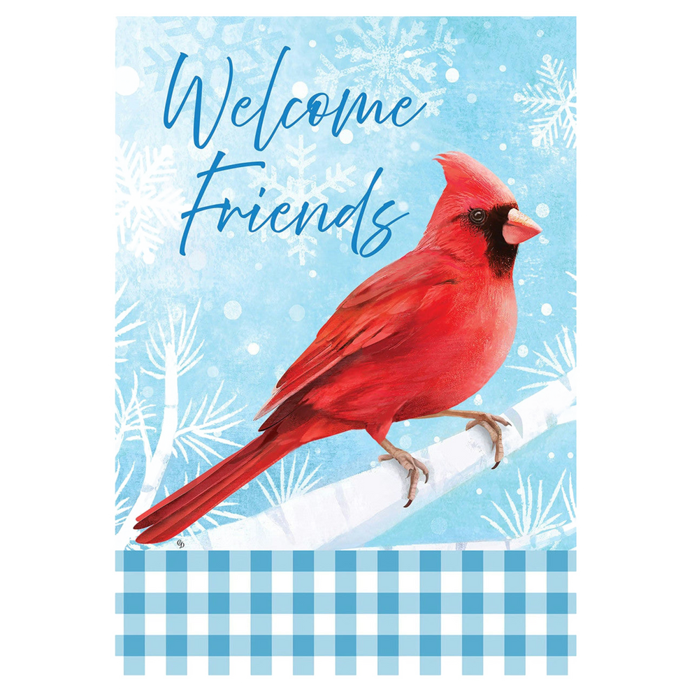 Decorative flag with a red cardinal bird on a branch with 'Welcome Friends' text against a snowy background