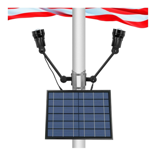 Solar-powered flagpole light with solar panel and flag on a white background