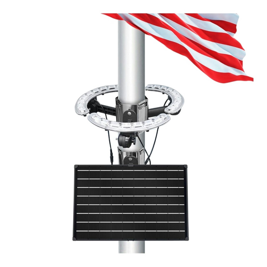 Solar panel attached to a flagpole with an American flag in the background