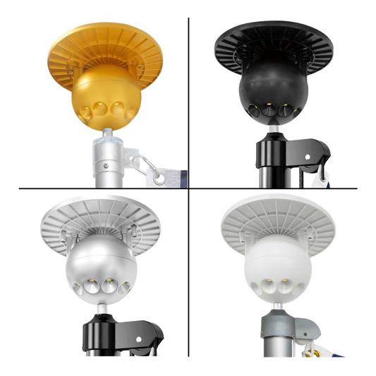 Four flag pole ball topper lights in different finishes (top left: gold, top right: black, bottom left: silver, bottom right: white) with a solar panel on top.