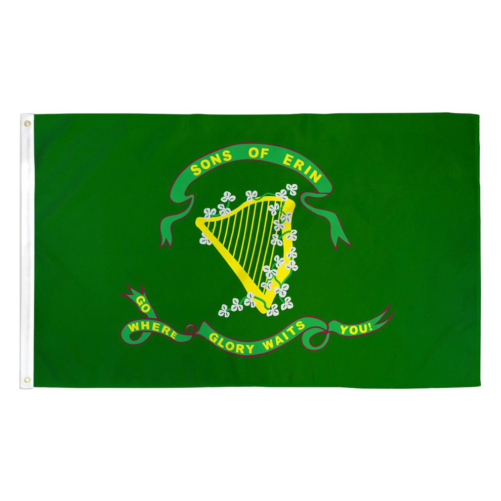 Green flag with Sons of Erin emblem featuring a harp and text on a white background