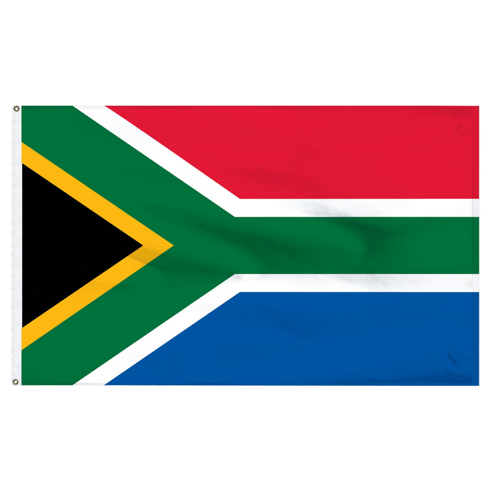 Flag of South Africa with green, red, white, and blue colors on a white background