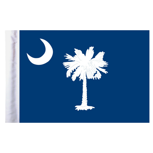 Small South Carolina state flag with a white palm tree and moon on a blue background