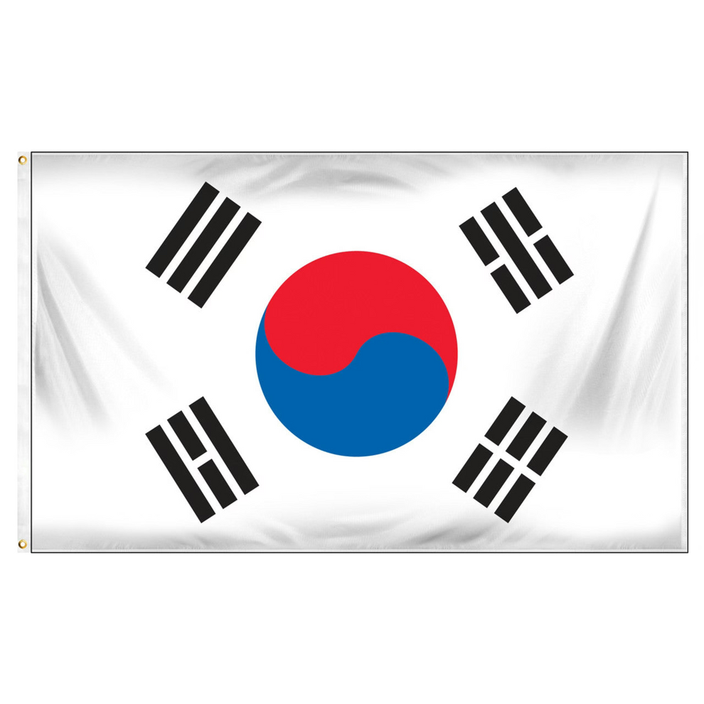 Flag of South Korea with a red and blue circle and black symbols on a white background