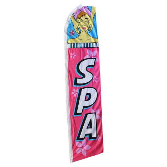 Decorative banner with a cartoon character and 'SPA' text on a pink background